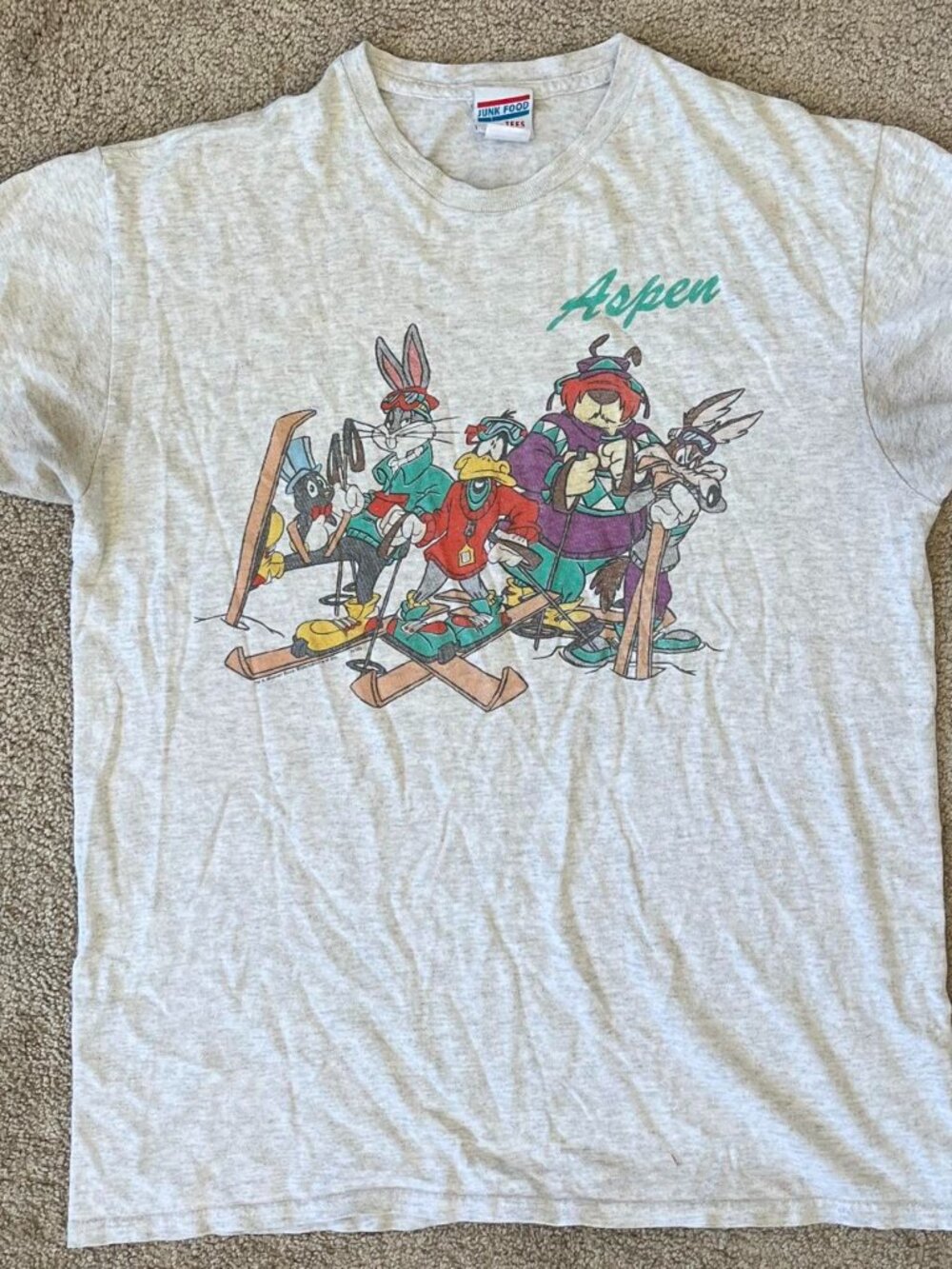 Junk Food Tees Aspen Looney Tunes Skiing T-Shirt Gray Size S